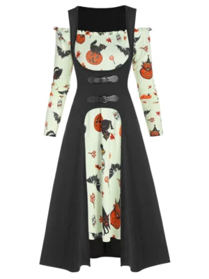 Halloween Pumpkin Animal Print Dual Buckle High Low 2-Piece Dress
